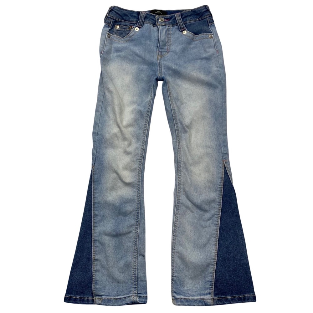 True Religion Joey Flare Jeans Girls Size 10 Blue Two Tone High Rise Pink Stitch